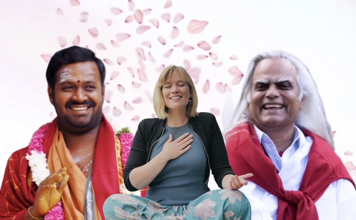 Sri Shakti Amma, Gayatri in meditation, and Yogiraj Amar Jyoti amid falling rose petals